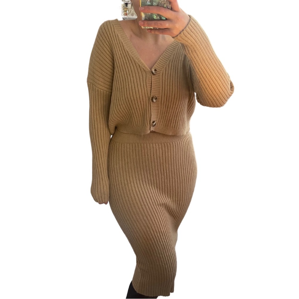 Tan Knit Sweater and Midi Skirt “In Loom” size L